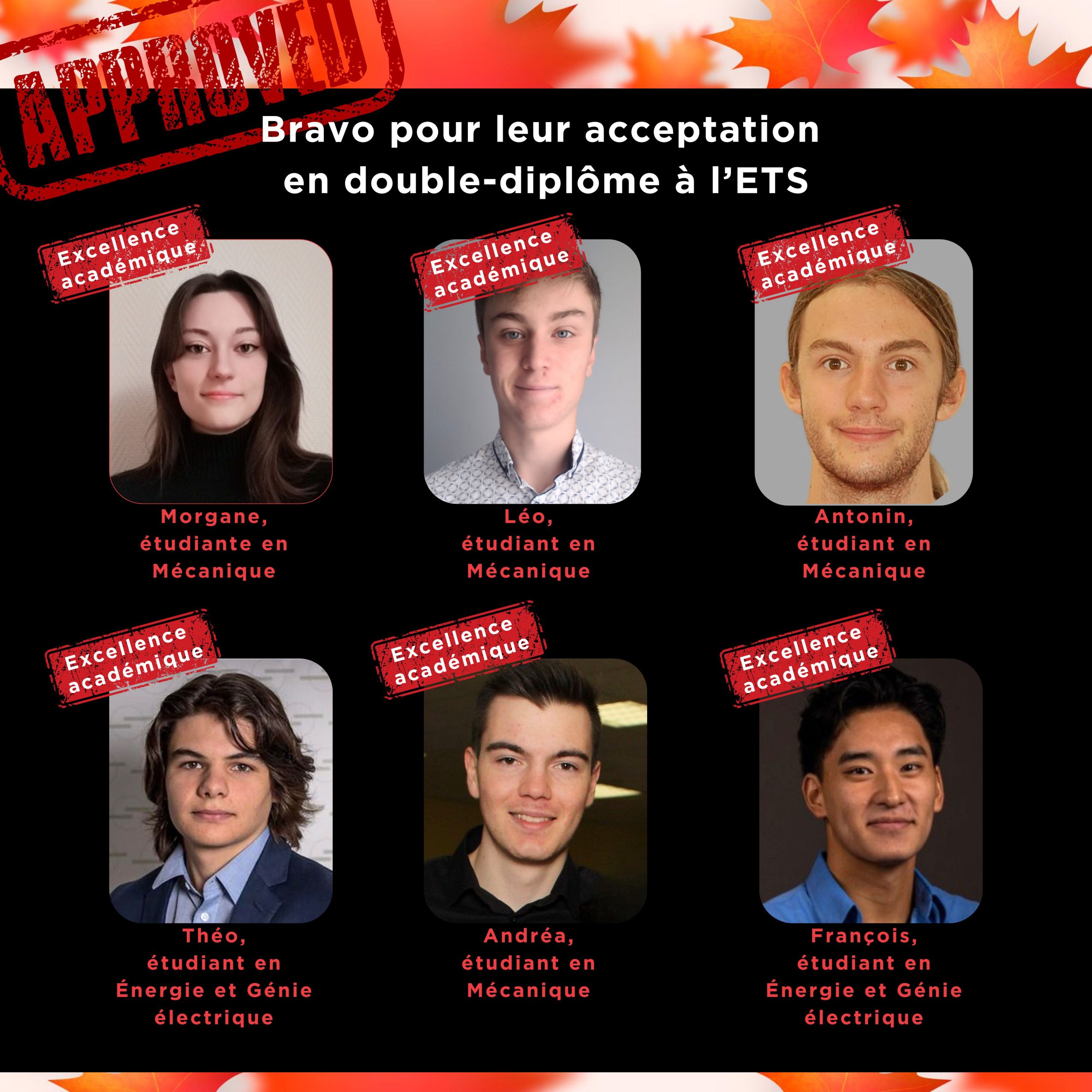 Visuel de félicitations institutionnel sur fond noir. L'image annonce l'acceptation de six étudiants dans un programme de double-diplôme à l'ETS (École de technologie supérieure). Les visages des étudiants sont répartis sur deux rangées de trois colonnes. Chaque portrait est surmonté d'un tampon rouge oblique indiquant « Excellence académique ».