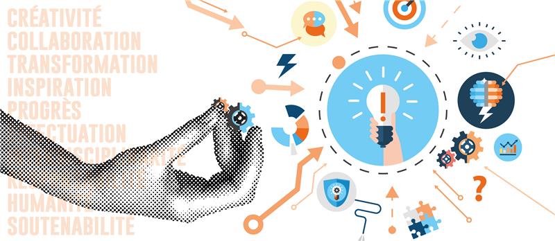 Konzeptionelle Illustration und Infografik im modernen Stil auf einfarbigem weißem Hintergrund. Sie symbolisiert die Ideen von Innovation, Gruppenarbeit, Strategie und Entwicklung. Die Komposition vereint eine Liste von Schlüsselwörtern auf der linken Seite, eine stilisierte Handzeichnung in der Mitte und eine Reihe kreisförmiger Symbole, die durch Pfeile miteinander verbunden sind, auf der rechten Seite.