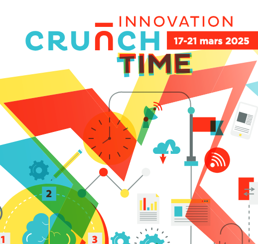 Affiche Crunchtime 2025 : Plusieurs éléments tels qu'une horloge, des rouages, des graphiques ...