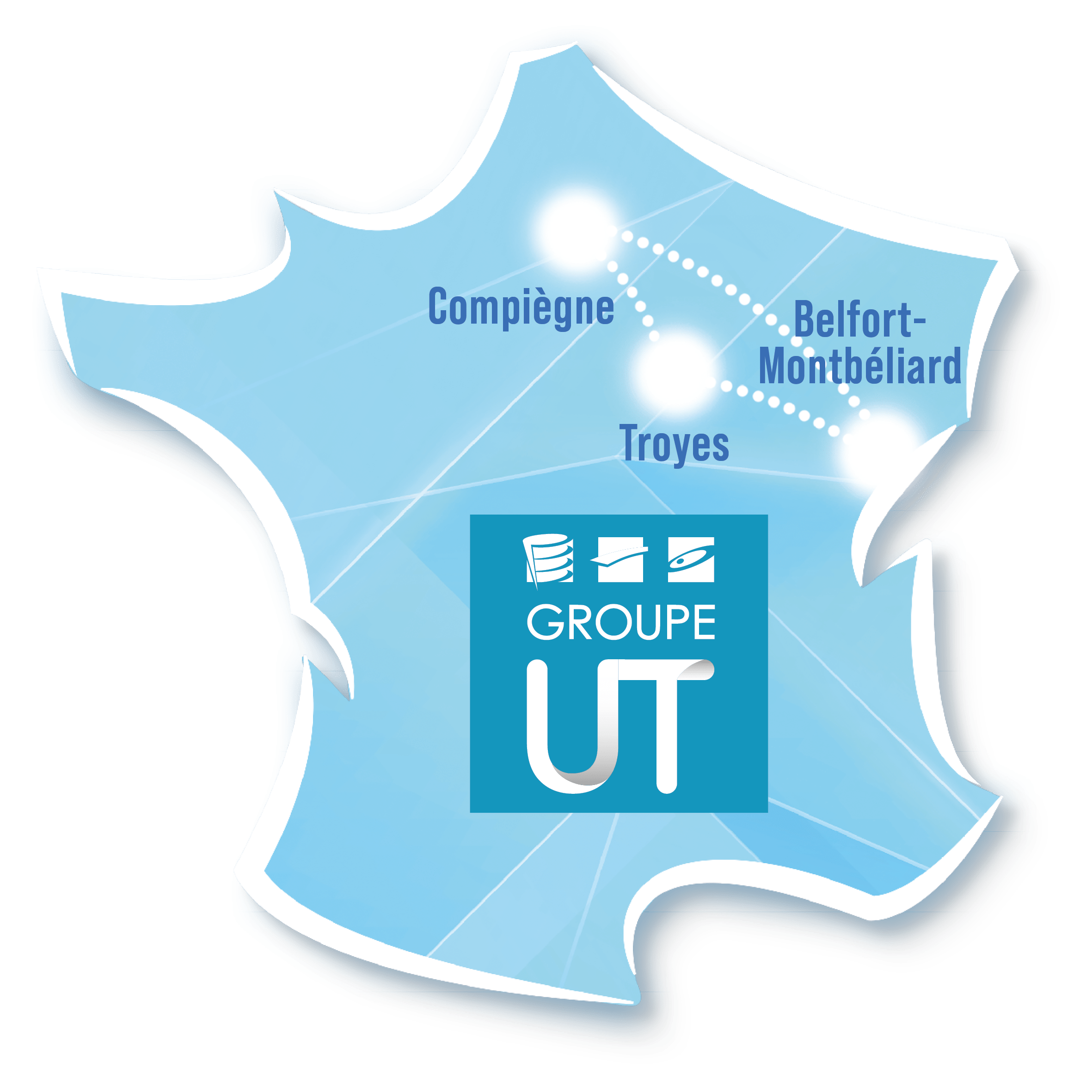 Carte de France du groupe UT (Compiègne, Belfort Montbéliard, Troyes)
