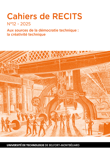 Affiche Cahier de recits. On y voit un dessin d'ouvriers travaillant à la construction d'une machine. Ce dessin est de couleur orange