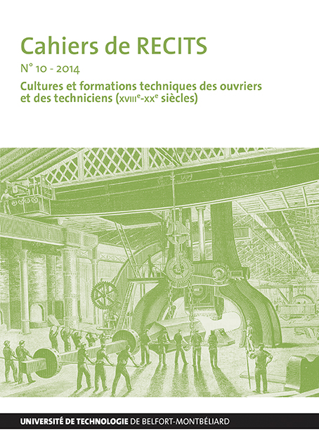 Affiche Cahier de recits. On y voit un dessin d'ouvriers travaillant à la construction d'une machine. Ce dessin est de couleur verte