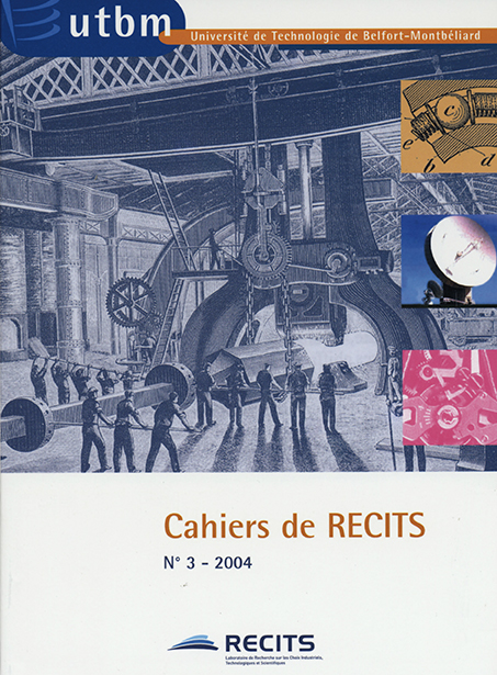 Affiche Cahier de recits. On y voit un dessin d'ouvriers travaillant à la construction d'une machine. Ce dessin est de couleur gris