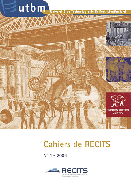 Affiche Cahier de recits. On y voit un dessin d'ouvriers travaillant à la construction d'une machine. Ce dessin est de couleur marron