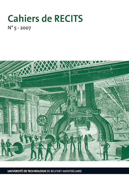 Affiche Cahier de recits. On y voit un dessin d'ouvriers travaillant à la construction d'une machine. Ce dessin est de couleur verte