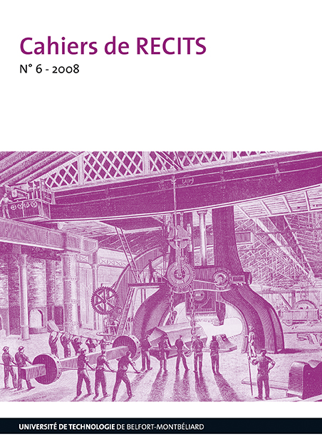 Affiche Cahier de recits. On y voit un dessin d'ouvriers travaillant à la construction d'une machine. Ce dessin est de couleur violette