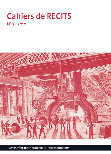 Affiche Cahier de recits. On y voit un dessin d'ouvriers travaillant à la construction d'une machine. Ce dessin est de couleur rose