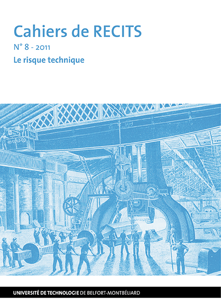 Affiche Cahier de recits. On y voit un dessin d'ouvriers travaillant à la construction d'une machine. Ce dessin est de couleur bleu
