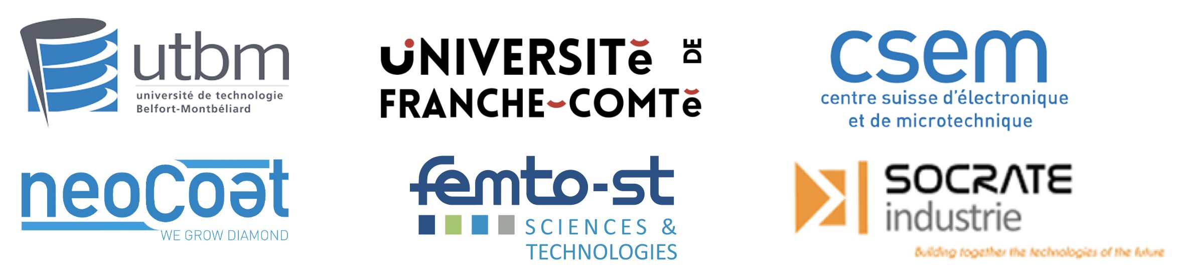 Bandeau logo UTBM / UMLP / CSEM / NeoCoat / Femto-ST / Socrate industrie