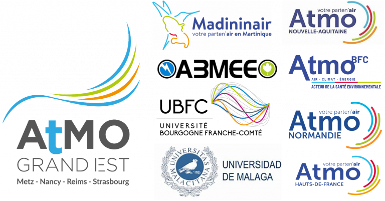 Bandeau logo Atmo / Madininair / Abmee / UBFC / Universidad de Malaga / Atmo