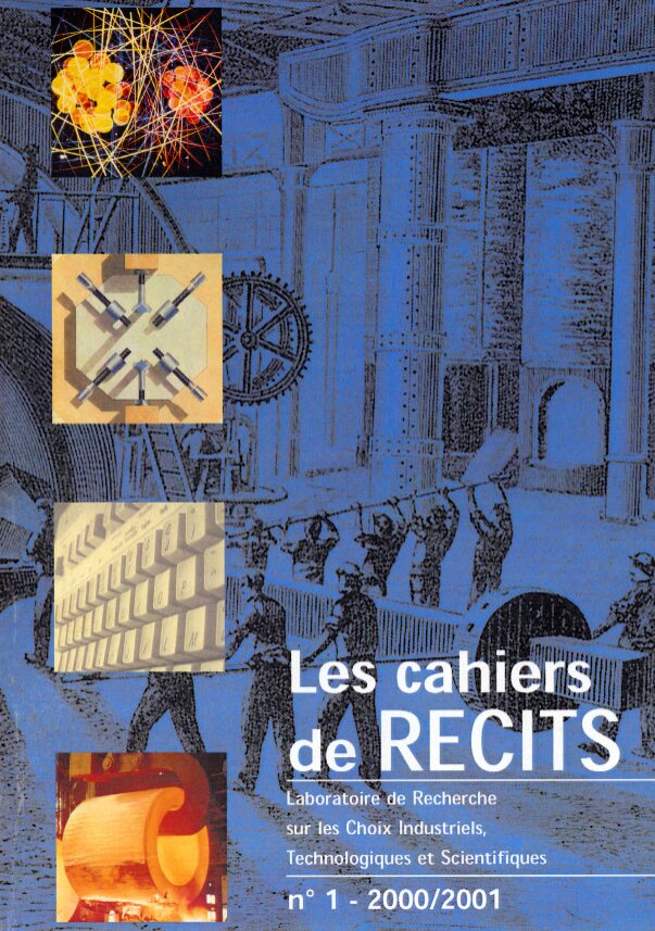 Affiche "les cahiers de RECITS" de couleur bleu. On y voit un dessin représentant des ouvriers construisant une machine