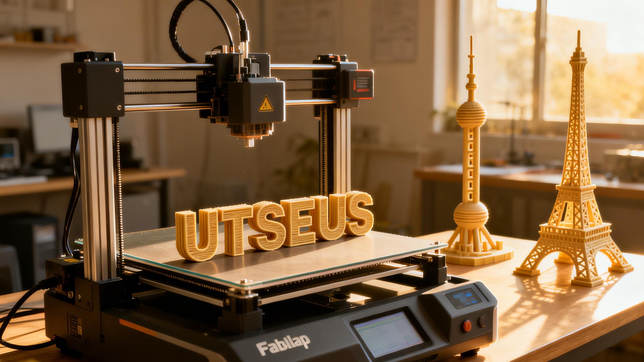 Une imprimante 3D de bureau en train de fabriquer le mot « UTSEUS » en plastique beige. À côté de l’imprimante, deux maquettes imprimées en 3D représentant la tour Eiffel et une tour inspirée d’un gratte-ciel moderne sont posées sur une table. La scène est éclairée par une lumière chaude provenant d’une fenêtre, dans un atelier ou un espace de fabrication.